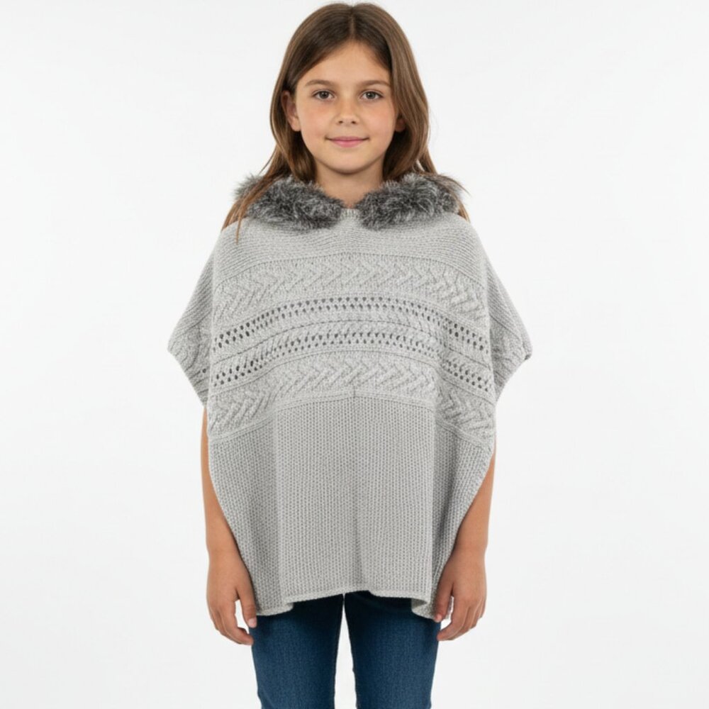 GAP KIDS Poncho Vest Hooded Knit Gray Boho Nordic Faux Fur Gray L